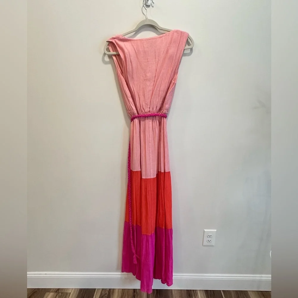 Flying Tomato Pink Orange Colorblock V neck Maxi Dress with Belt Medium NWT - Picture 3 of 10
